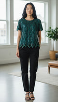 Vintage 80s/90s Emerald Beaded Cocktail Blouse - Size 14