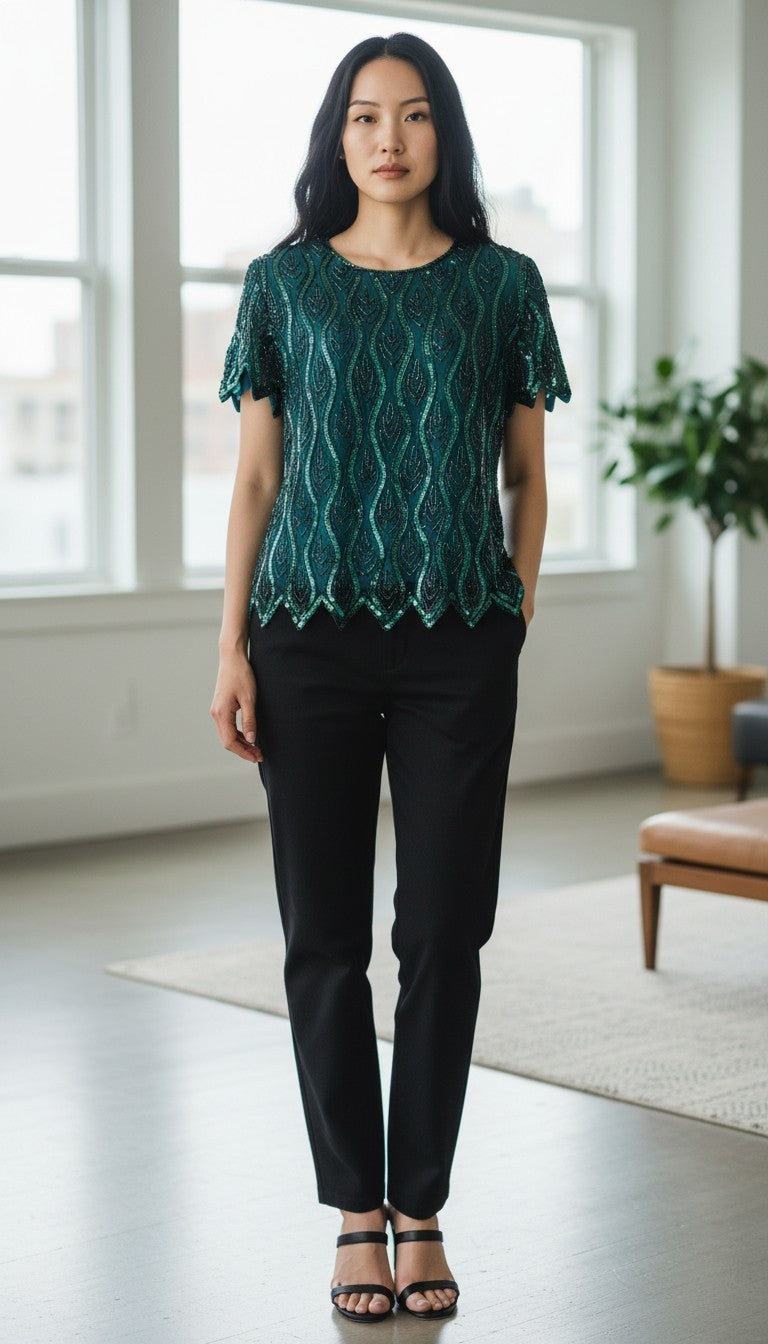 Vintage 80s/90s Emerald Beaded Cocktail Blouse - Size 14