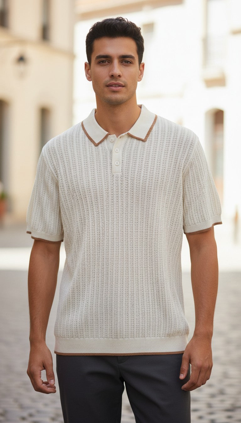 BoohooMAN Men's Retro Textured Knit Polo Shirt – Cream & Brown - Size Large NWT