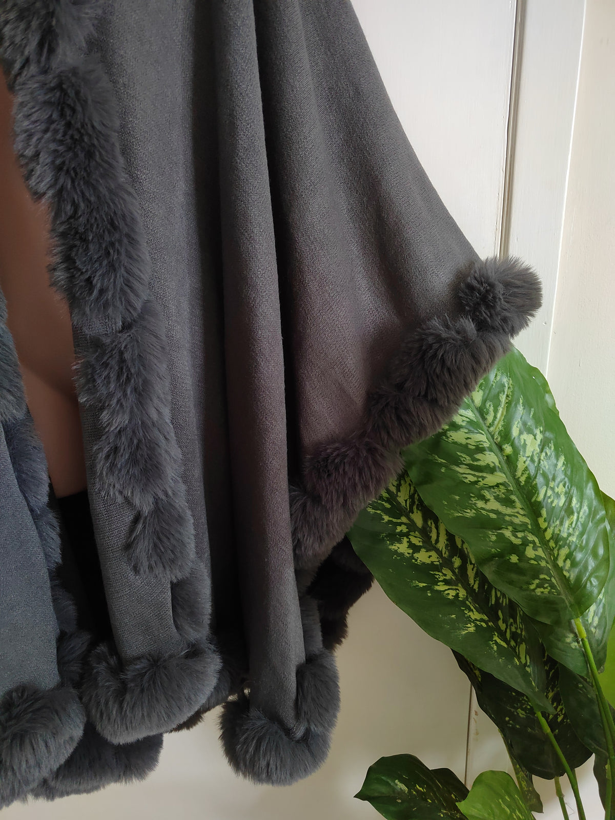 Grey Faux Fur Trim Hoodless Cape Poncho - One Size