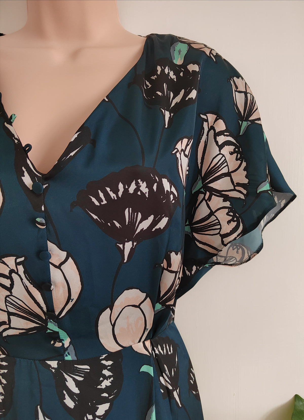Maison 123 Paris Romantic Teal Floral Midi Dress – Size 10