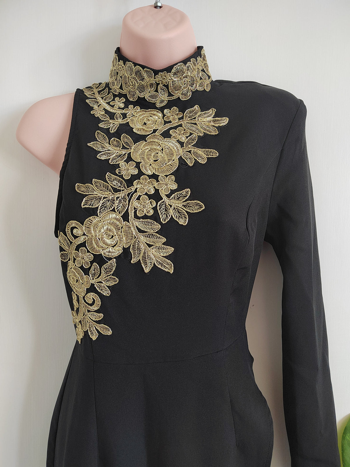 PrettyLittleThing Black High Neck Asymmetric Embroidered Trim Maxi Dress - Size 8