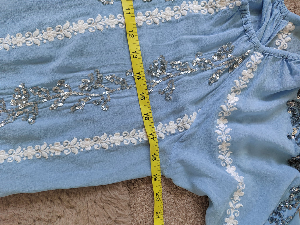 Miss June Paris Blue Embroidered Sequin Peasant Blouse - Size 8/10 - rrp £100+