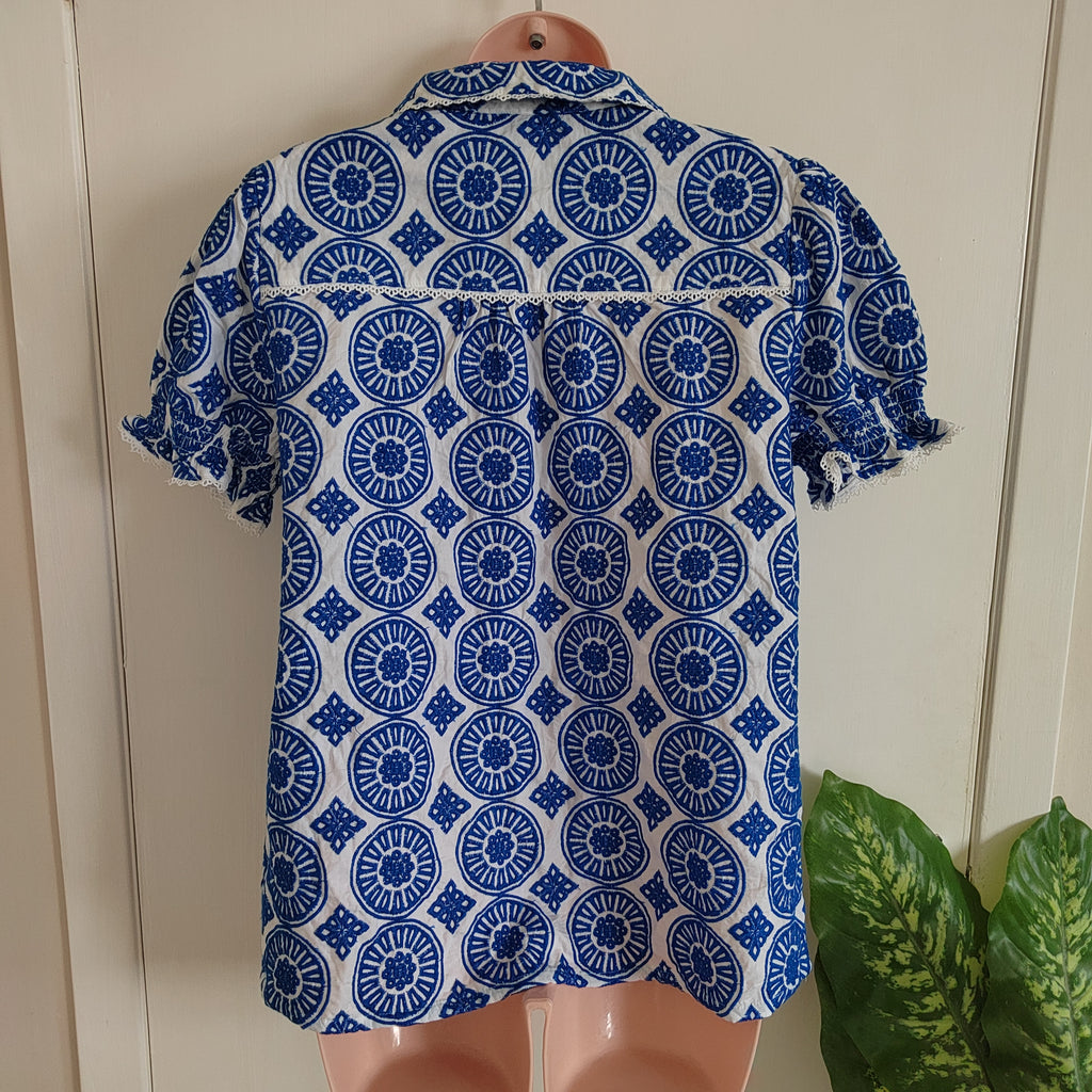 Brakeburn Marine Blue Embroidered Cotton Blouse - Size 12