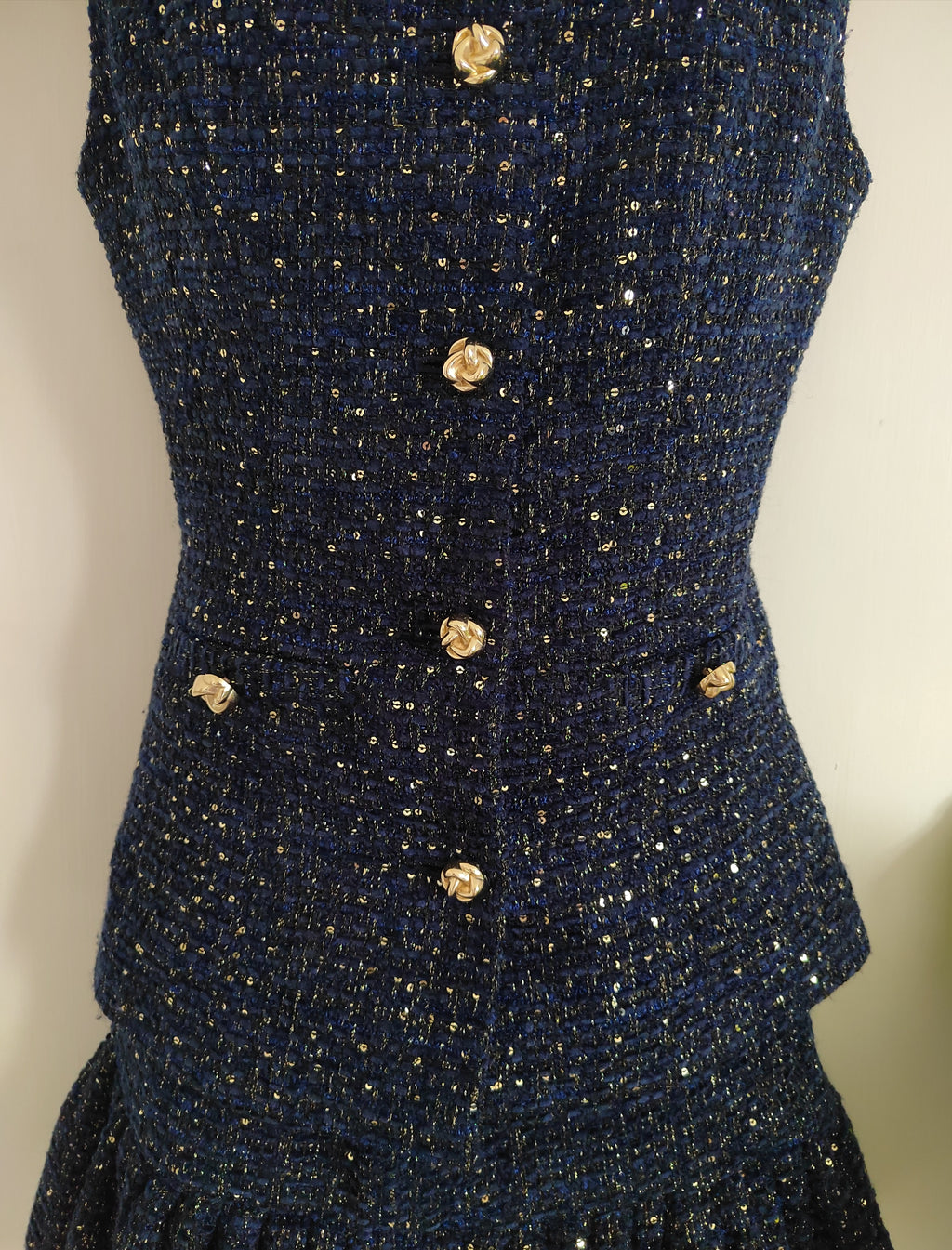 M&S Metallic Sequin Tweed Waistcoat & Tiered Mini Skirt Co-Ord Set - Size 8 NWT RRP £90