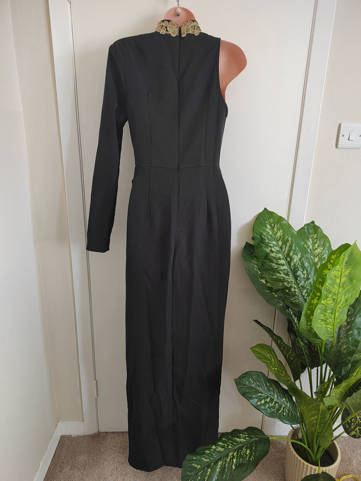 PrettyLittleThing Black High Neck Asymmetric Embroidered Trim Maxi Dress - Size 8