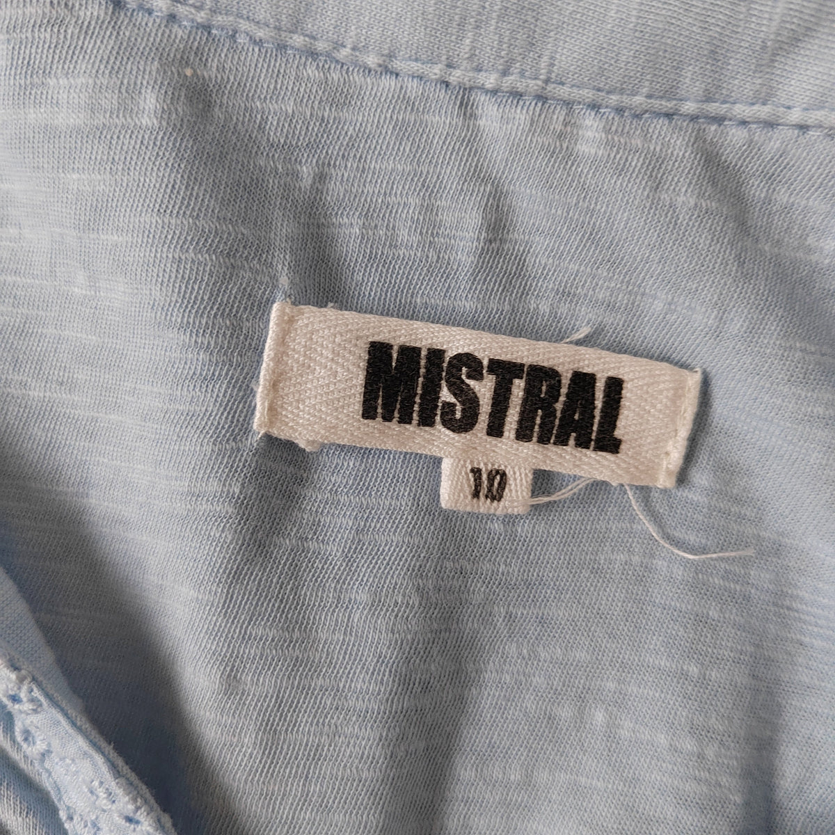 Mistral Light Blue Slub Knit Eyelet Lace Blouse 100% cotton – Size 10