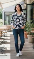 Bonmarché Navy & White Floral Collared Top – Size 14