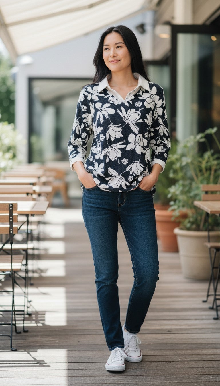Bonmarché Navy & White Floral Collared Top – Size 14