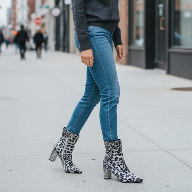 M by Moda "Kristian" Grey Leopard Fabric Ankle Boots (With Box) - Size 5