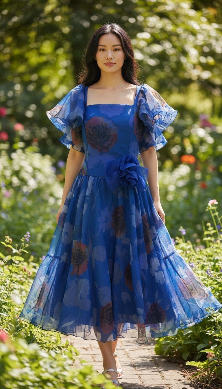 Vintage 1980s Jean Allen London Royal Blue Floral Cocktail Dress - Size Small