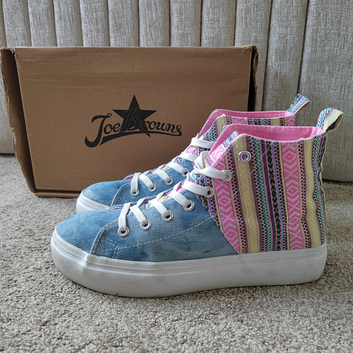 Joe Browns Boho Denim & Aztec High-Top Trainers (With Box) - Size 5