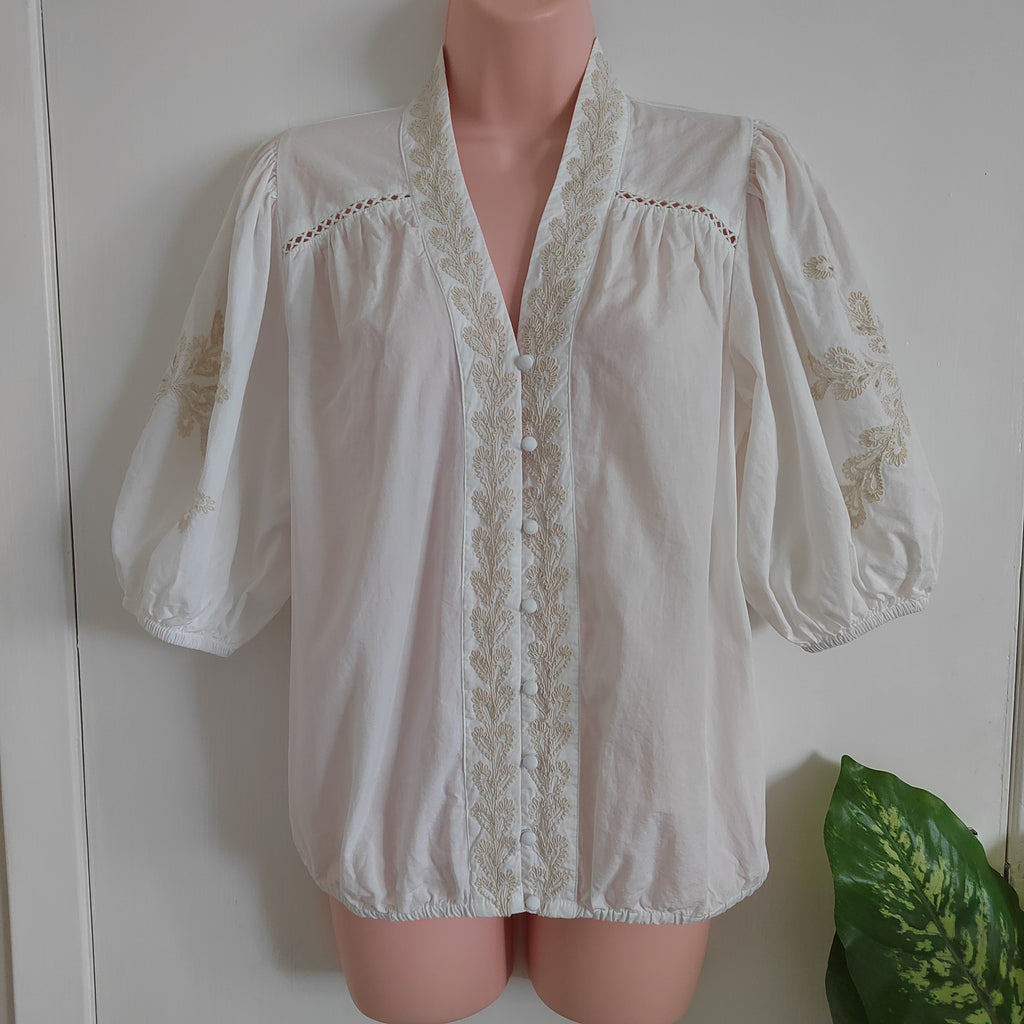 Mint Velvet Ivory Embroidered Balloon Sleeve Boho Blouse – Size Medium