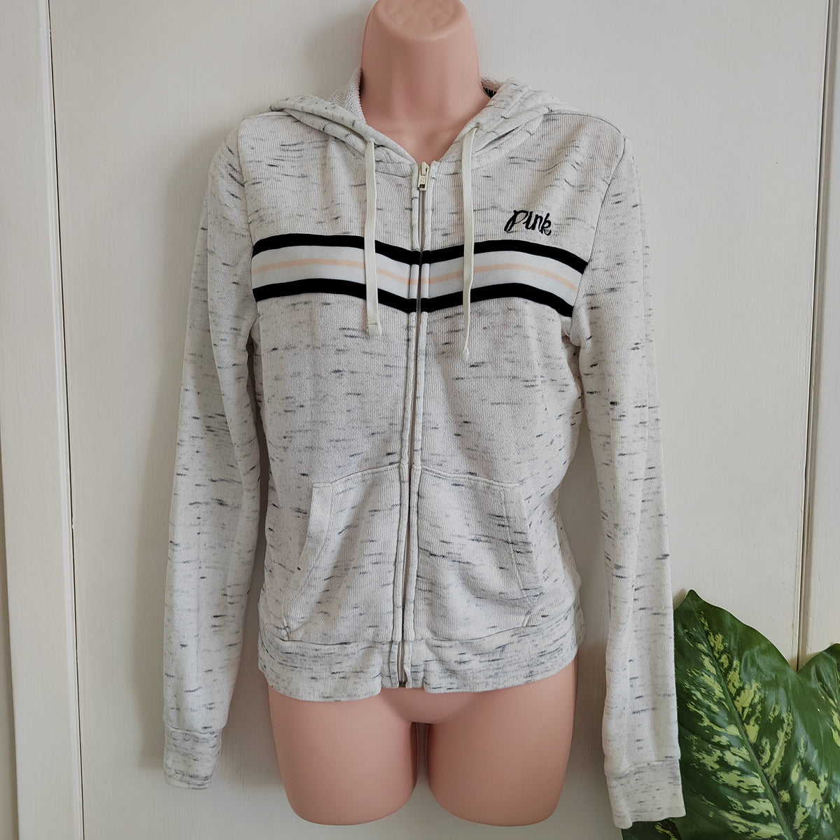 Victoria's Secret PINK Perfect Full-Zip Hoodie - Marled Oatmeal Stripe - Size XS