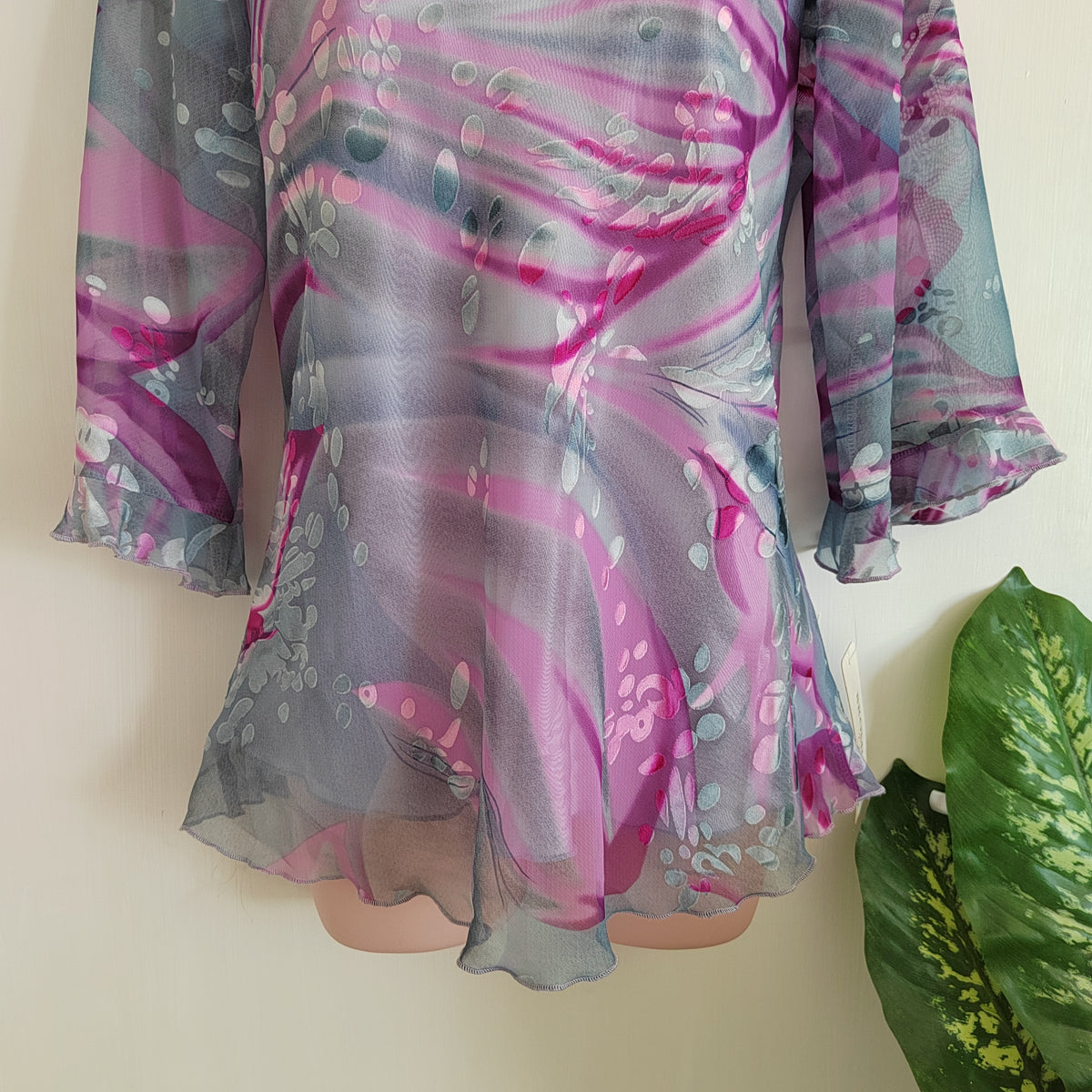Vintage Bromley Sport Y2K Mesh Blouse – Purple & Grey Swirl – Size 10