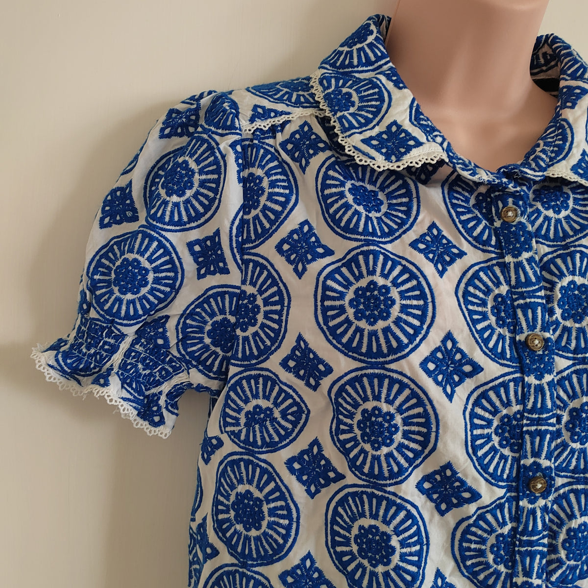 Brakeburn Marine Blue Embroidered Cotton Blouse - Size 12