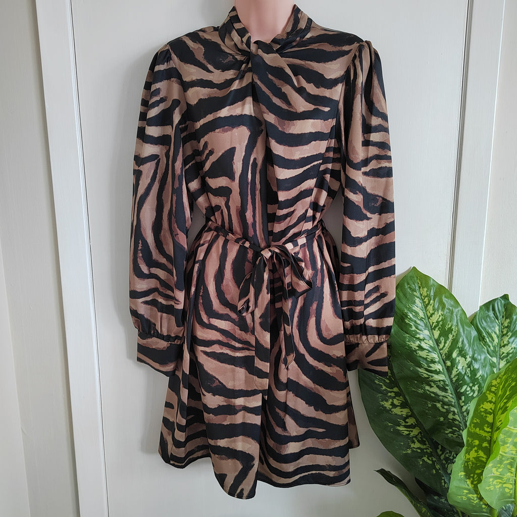 F&F Satin Zebra Print Long Sleeved Dress - Size 16