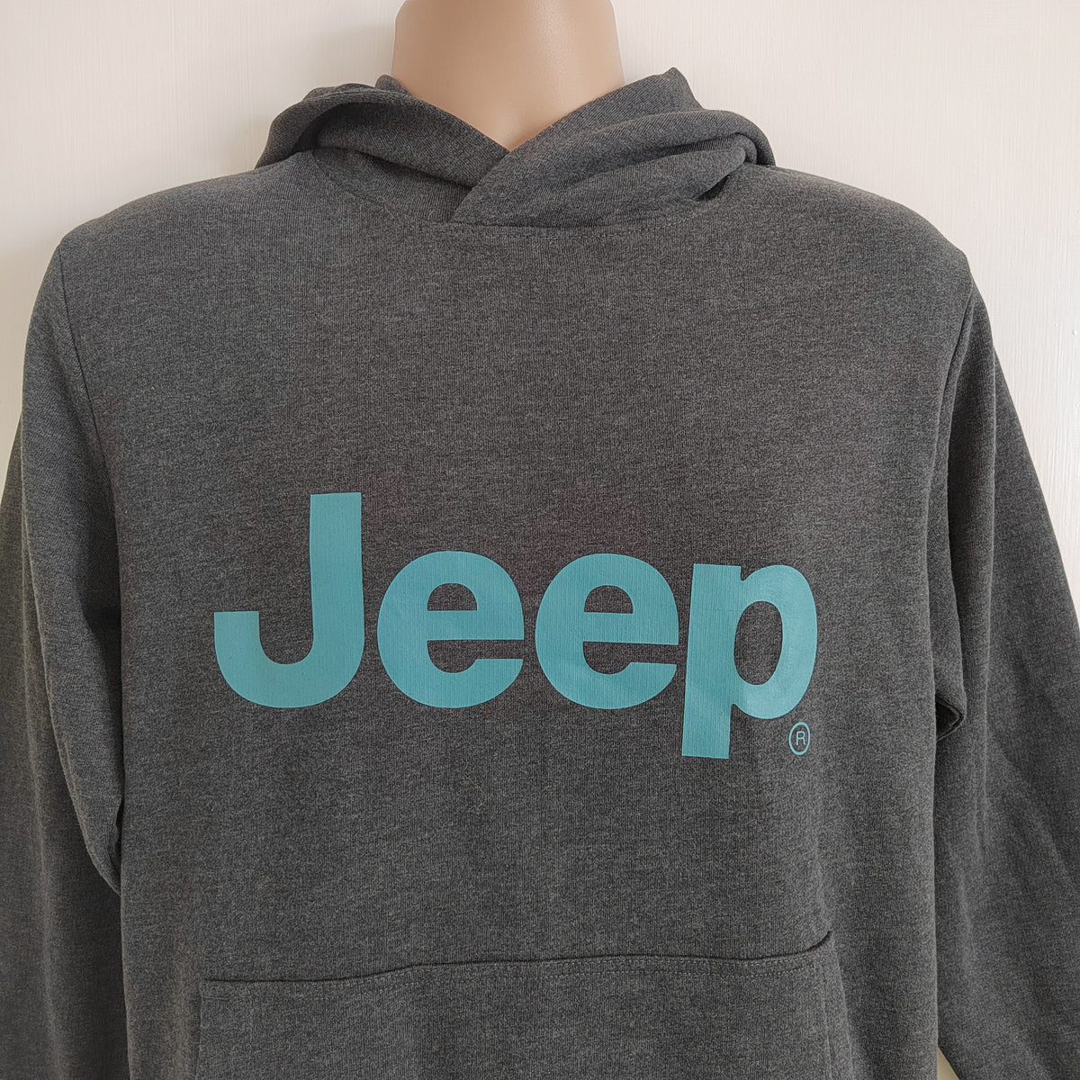 Jeep Men’s Graphic Pullover Hoodie – Charcoal Grey & Teal Logo - 60% Cotton - Size Small