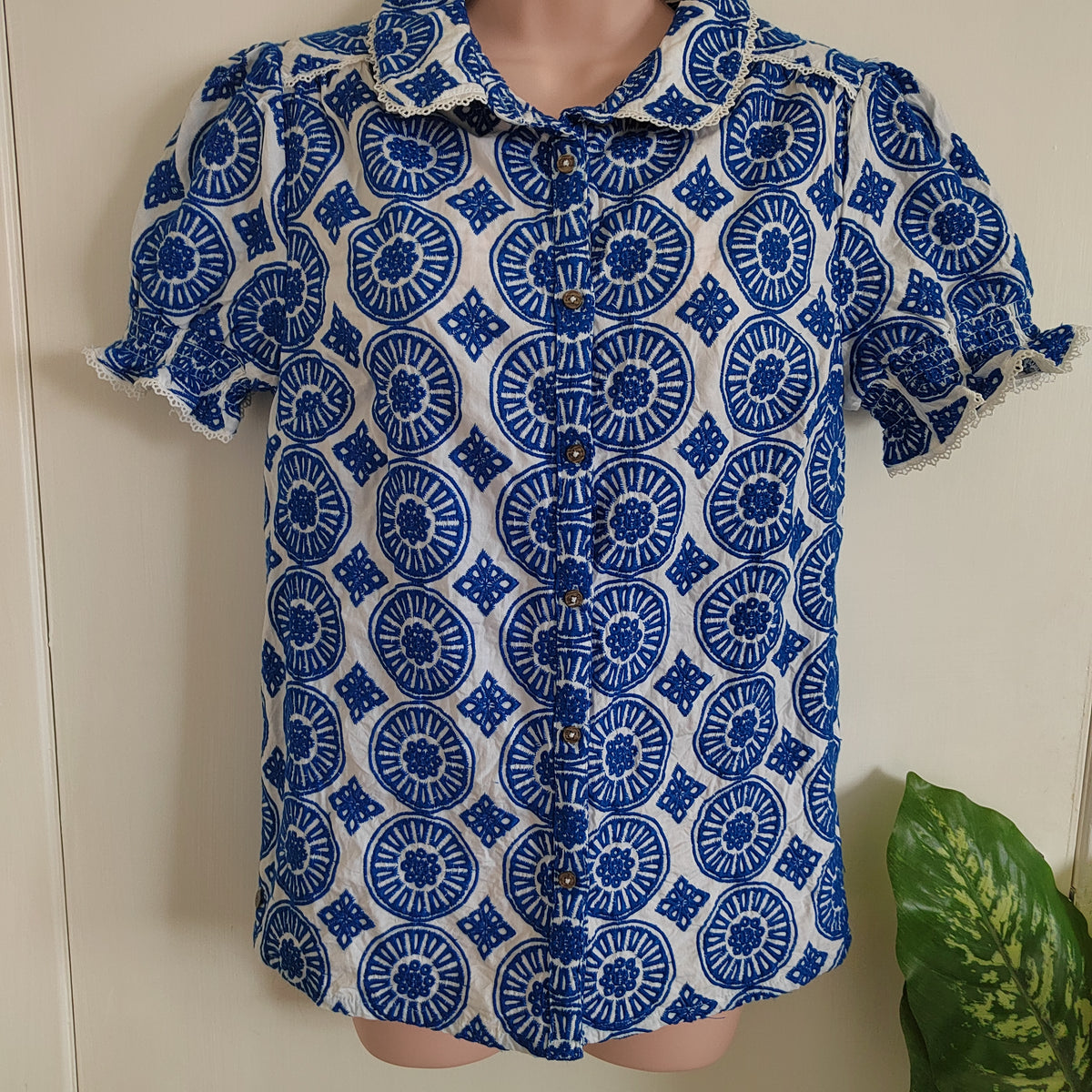 Brakeburn Marine Blue Embroidered Cotton Blouse - Size 12