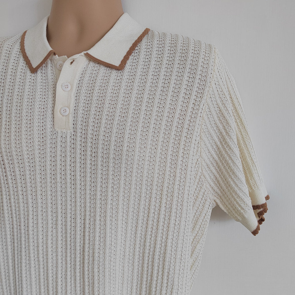 BoohooMAN Men's Retro Textured Knit Polo Shirt – Cream & Brown - Size Large NWT