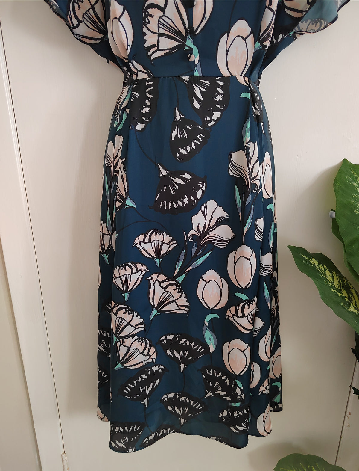 Maison 123 Paris Romantic Teal Floral Midi Dress – Size 10