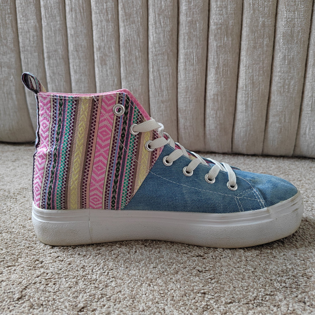Joe Browns Boho Denim & Aztec High-Top Trainers (With Box) - Size 5