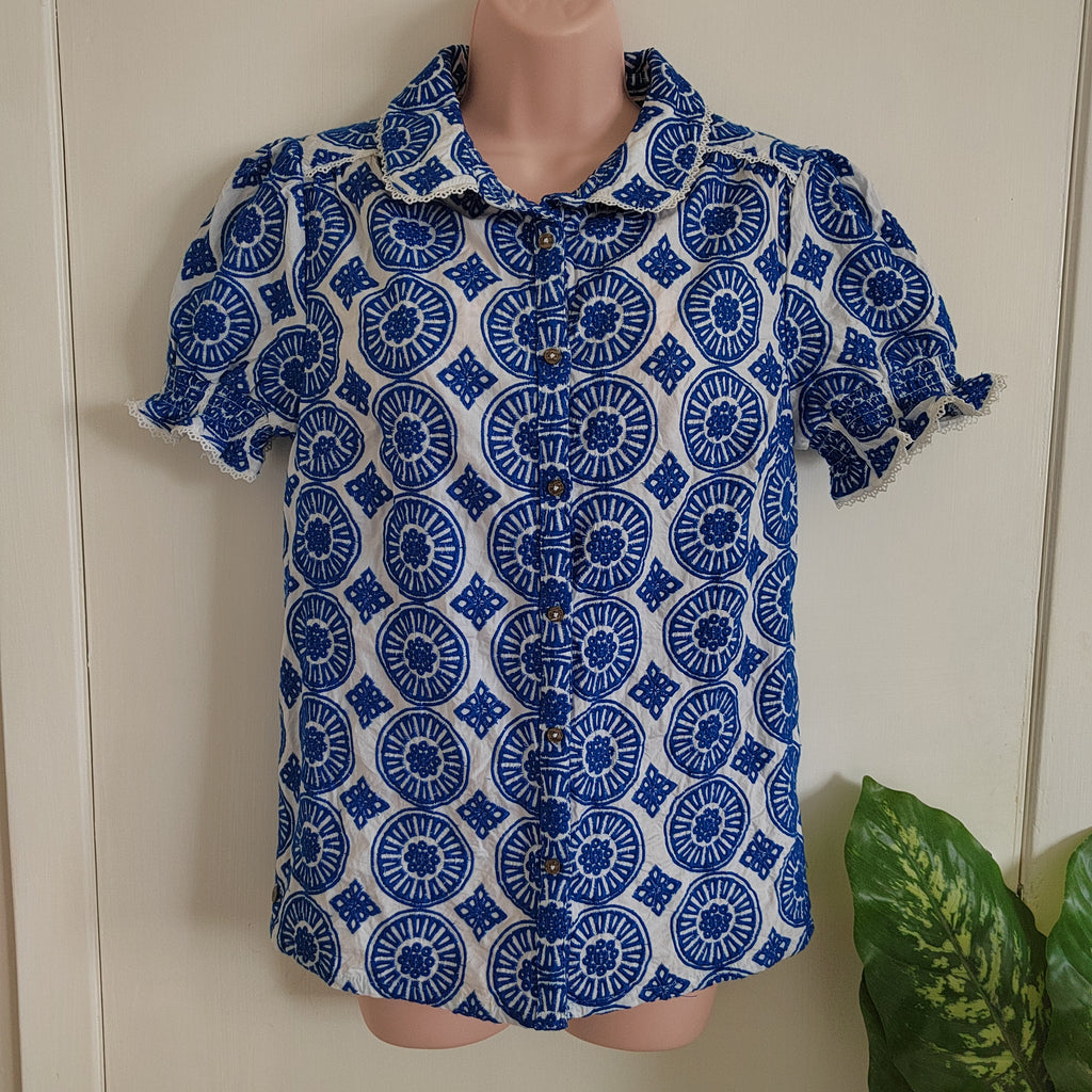 Brakeburn Marine Blue Embroidered Cotton Blouse - Size 12
