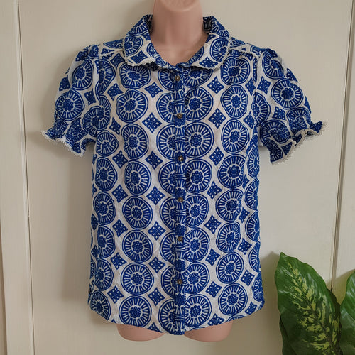 Brakeburn Marine Blue Embroidered Cotton Blouse - Size 12