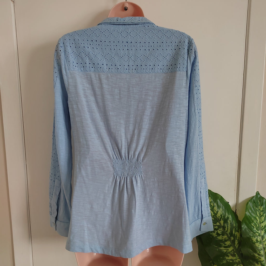 Mistral Light Blue Slub Knit Eyelet Lace Blouse 100% cotton – Size 10