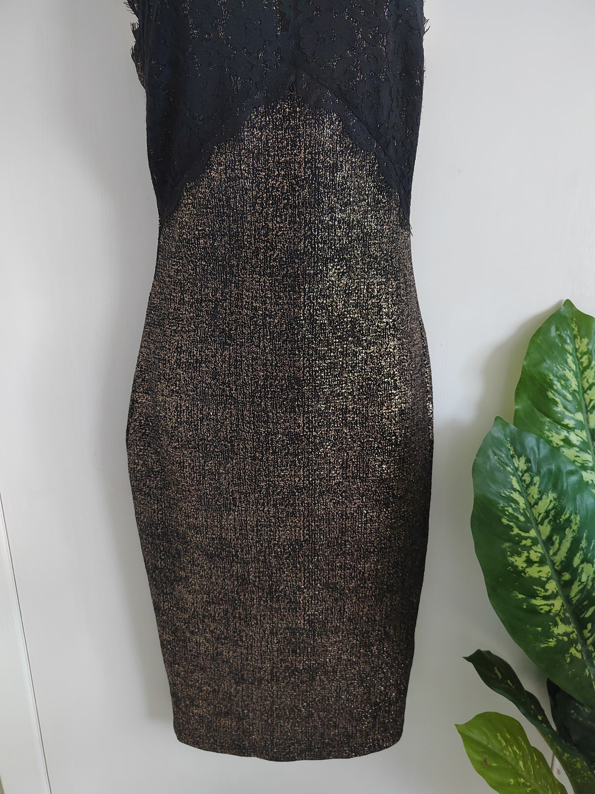New Look Black Lace & Gold Metallic Bodycon Midi Dress - Size 10