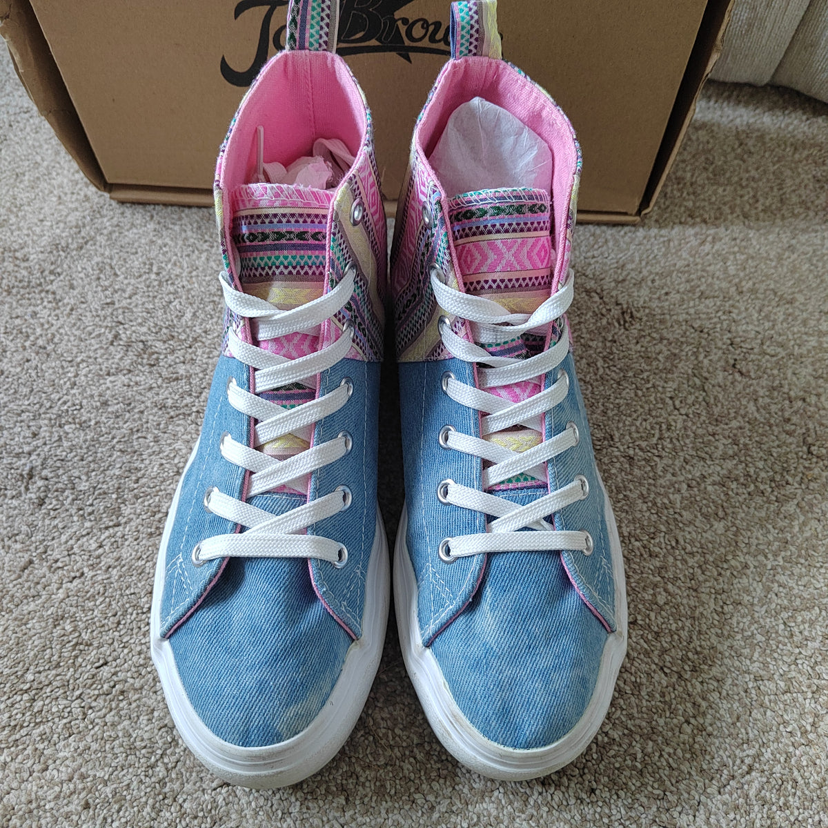 Joe Browns Boho Denim & Aztec High-Top Trainers (With Box) - Size 5