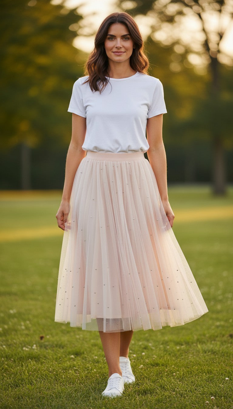Apricot Pearl Embellished Tulle Midi Skirt – Size 14