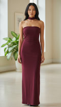 Club L London "Nobu" Bandeau Maxi Dress with Halter Collar - Burgundy - Size 6