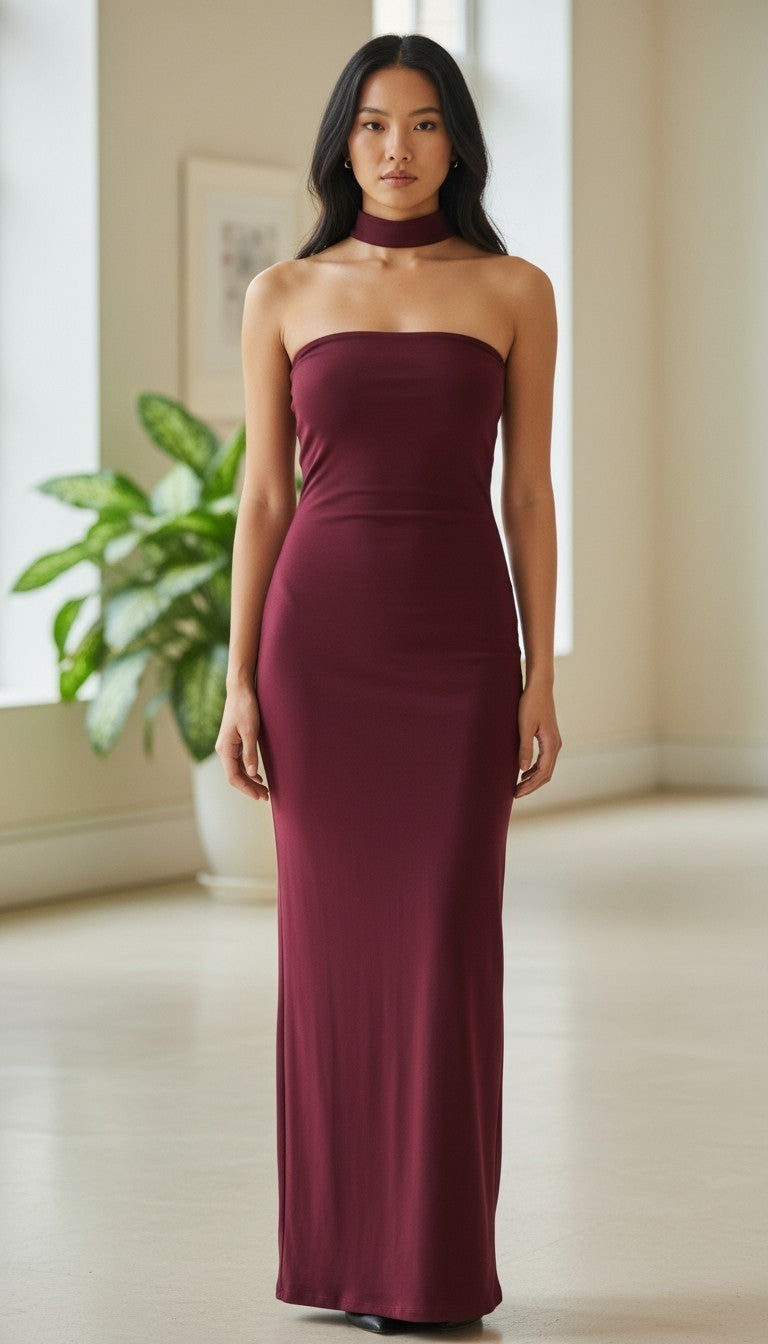 Club L London "Nobu" Bandeau Maxi Dress with Halter Collar - Burgundy - Size 6