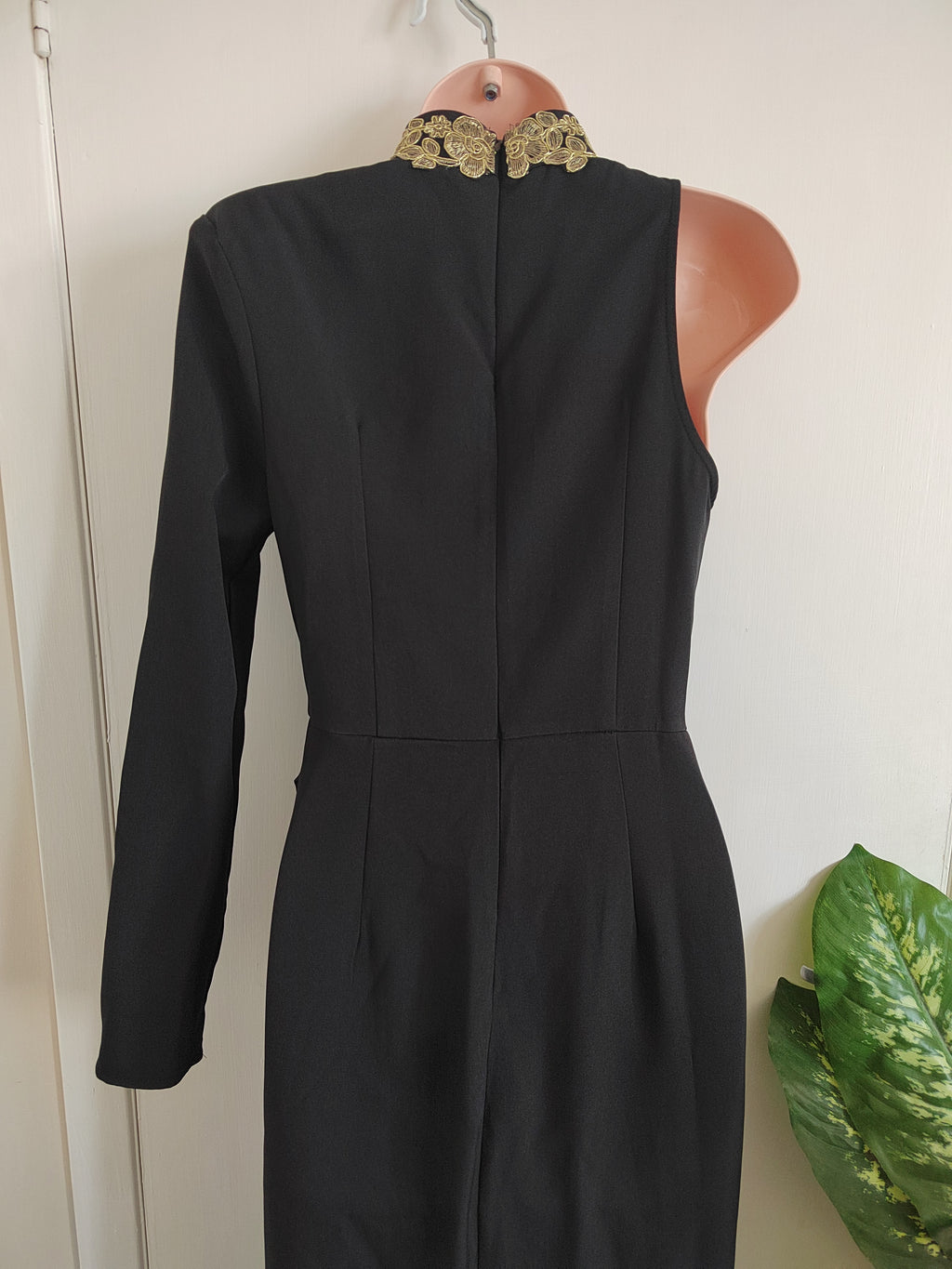 PrettyLittleThing Black High Neck Asymmetric Embroidered Trim Maxi Dress - Size 8
