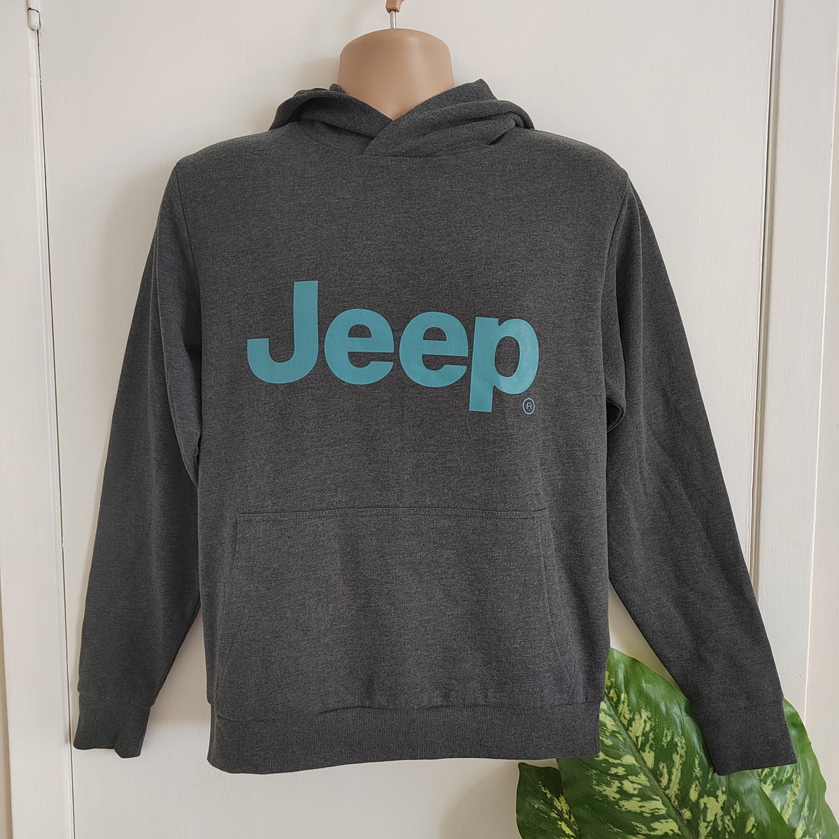 Jeep Men’s Graphic Pullover Hoodie – Charcoal Grey & Teal Logo - 60% Cotton - Size Small