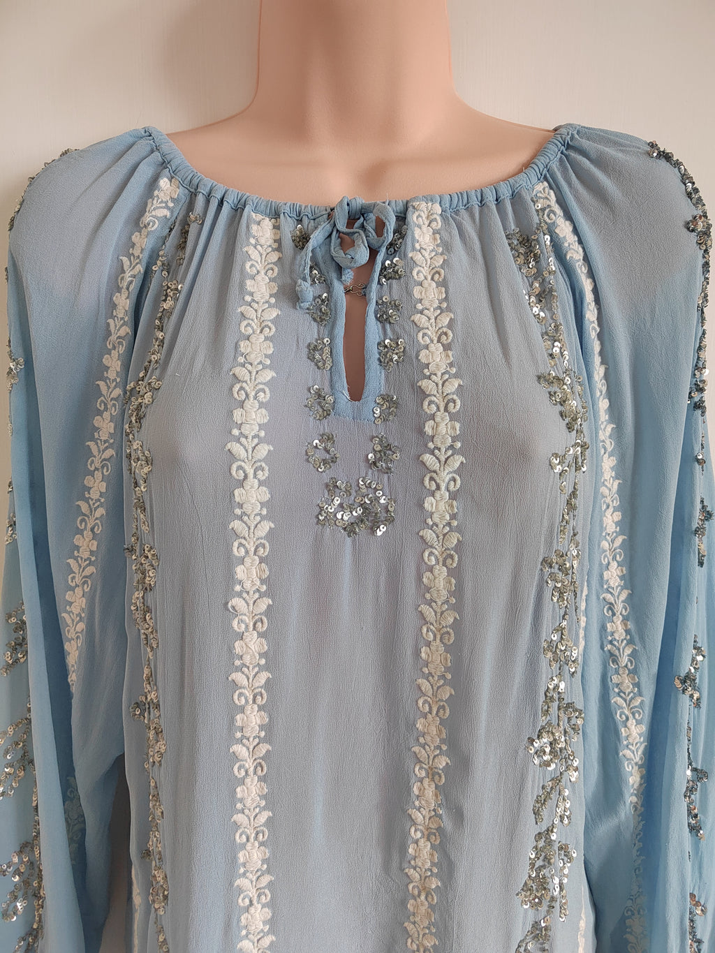 Miss June Paris Blue Embroidered Sequin Peasant Blouse - Size 8/10 - rrp £100+
