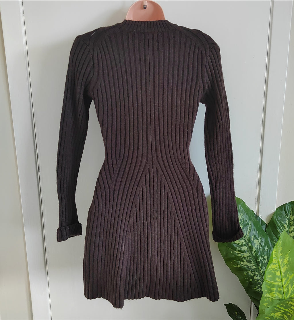 H&M Rib-knit Brown Long-Sleeve Fit & Flare Mini Dress - XS NWT