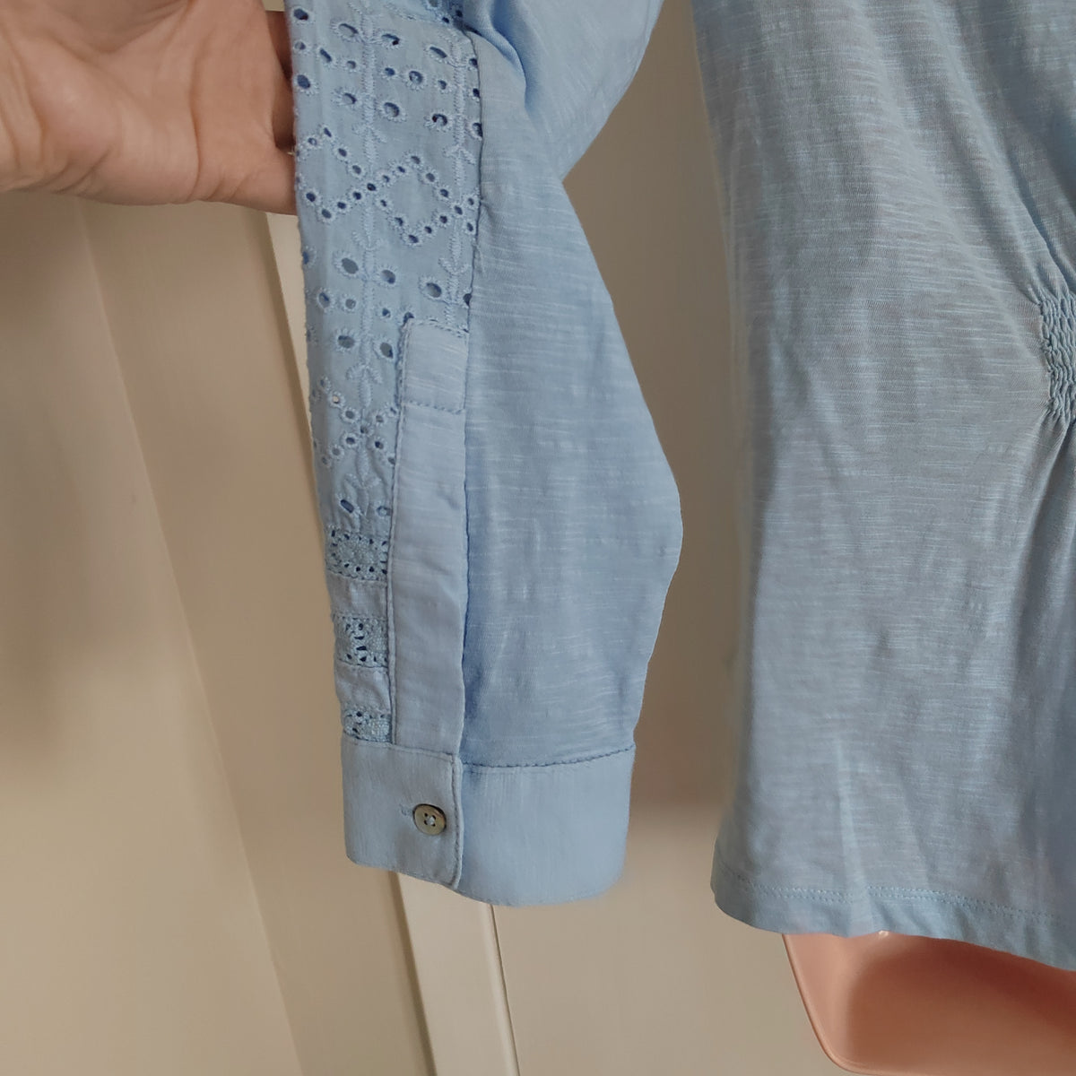 Mistral Light Blue Slub Knit Eyelet Lace Blouse 100% cotton – Size 10