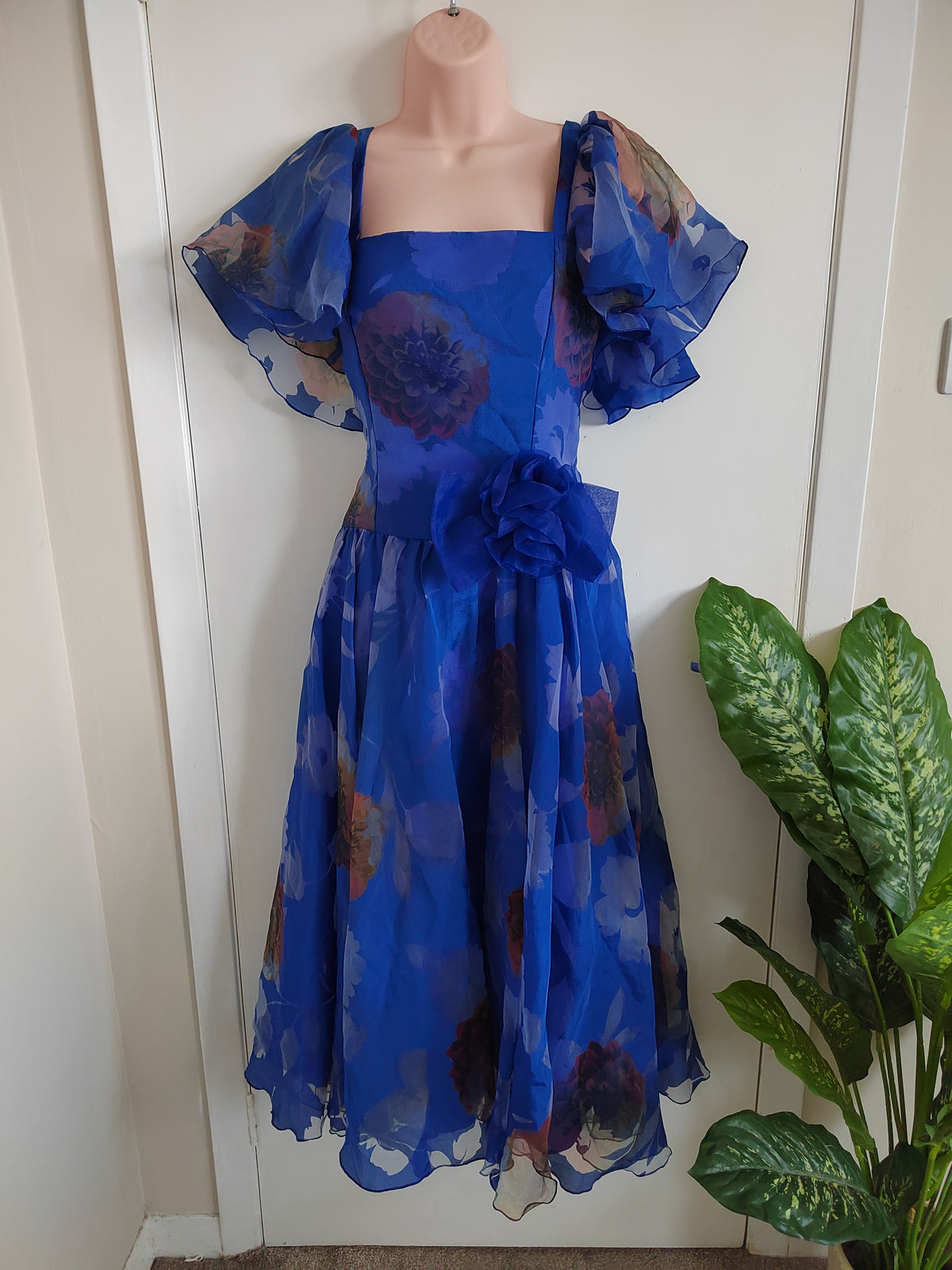 Vintage 1980s Jean Allen London Royal Blue Floral Cocktail Dress - Size Small