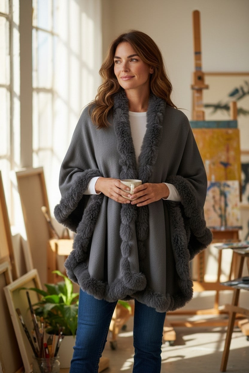 Grey Faux Fur Trim Hoodless Cape Poncho - One Size