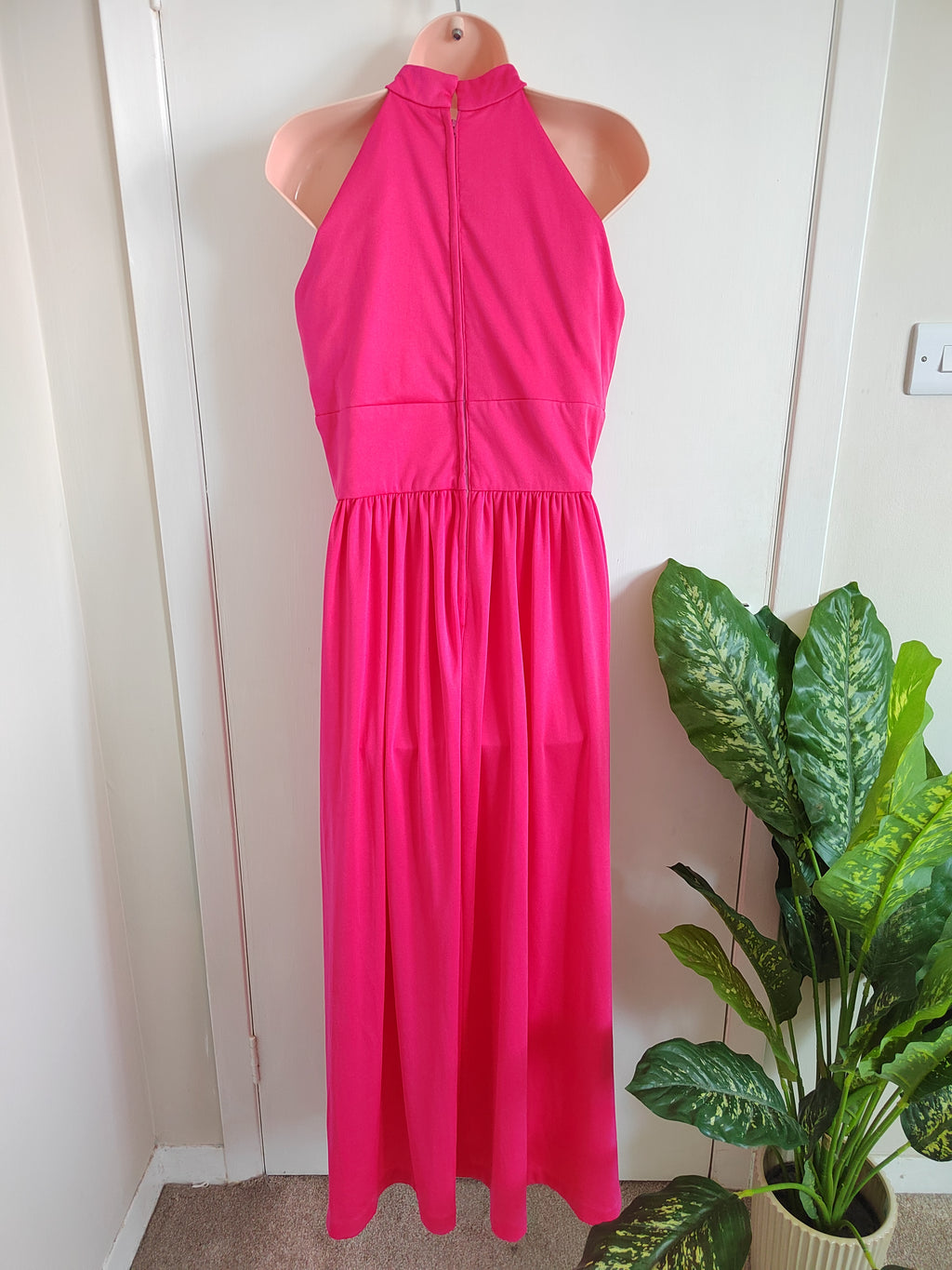 Vintage 1970s Trina Lewis & Marjon Couture Hot Pink Halter Maxi Dress - Size 10
