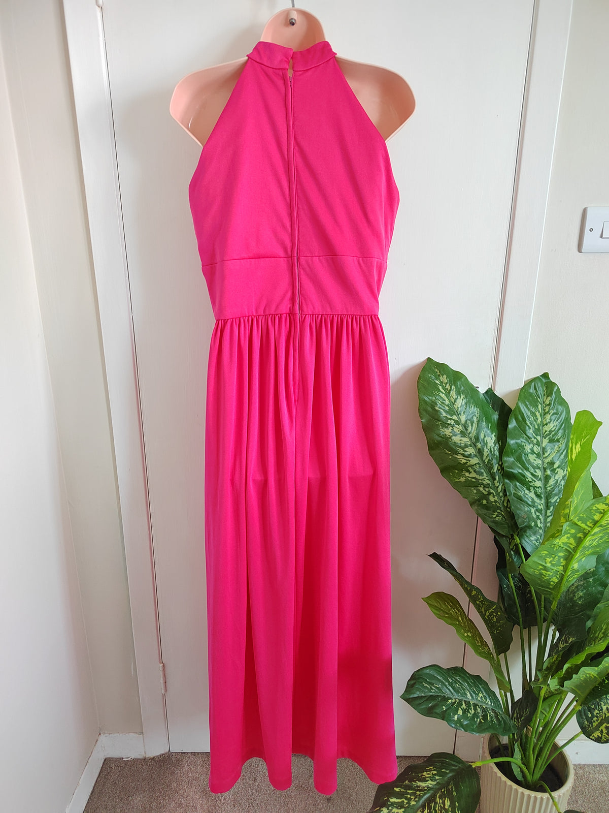 Vintage 1970s Trina Lewis & Marjon Couture Hot Pink Halter Maxi Dress - Size 10
