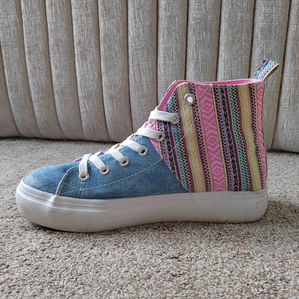 Joe Browns Boho Denim & Aztec High-Top Trainers (With Box) - Size 5