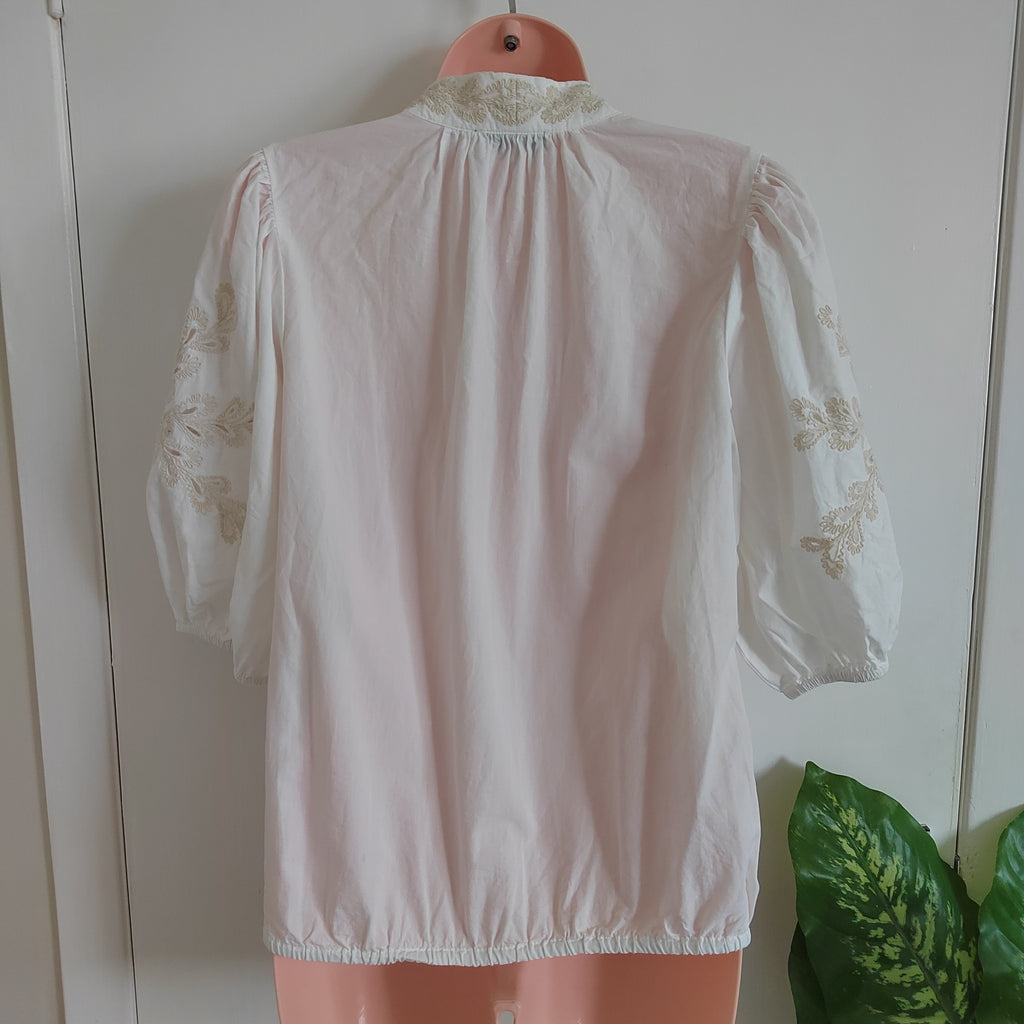 Mint Velvet Ivory Embroidered Balloon Sleeve Boho Blouse – Size Medium