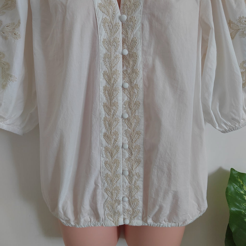 Mint Velvet Ivory Embroidered Balloon Sleeve Boho Blouse – Size Medium