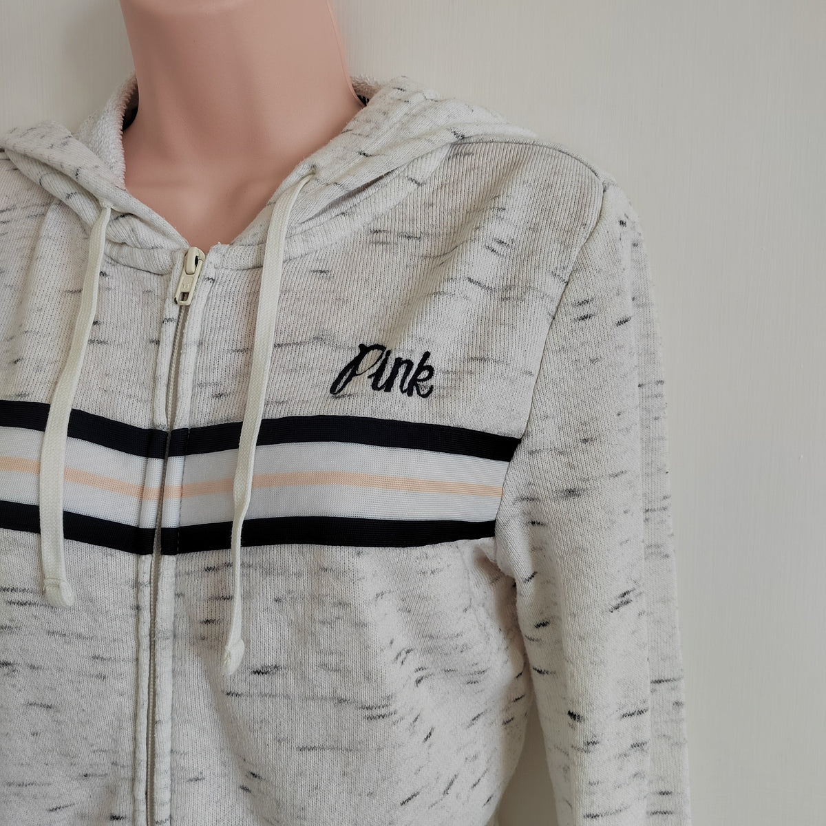 Victoria's Secret PINK Perfect Full-Zip Hoodie - Marled Oatmeal Stripe - Size XS