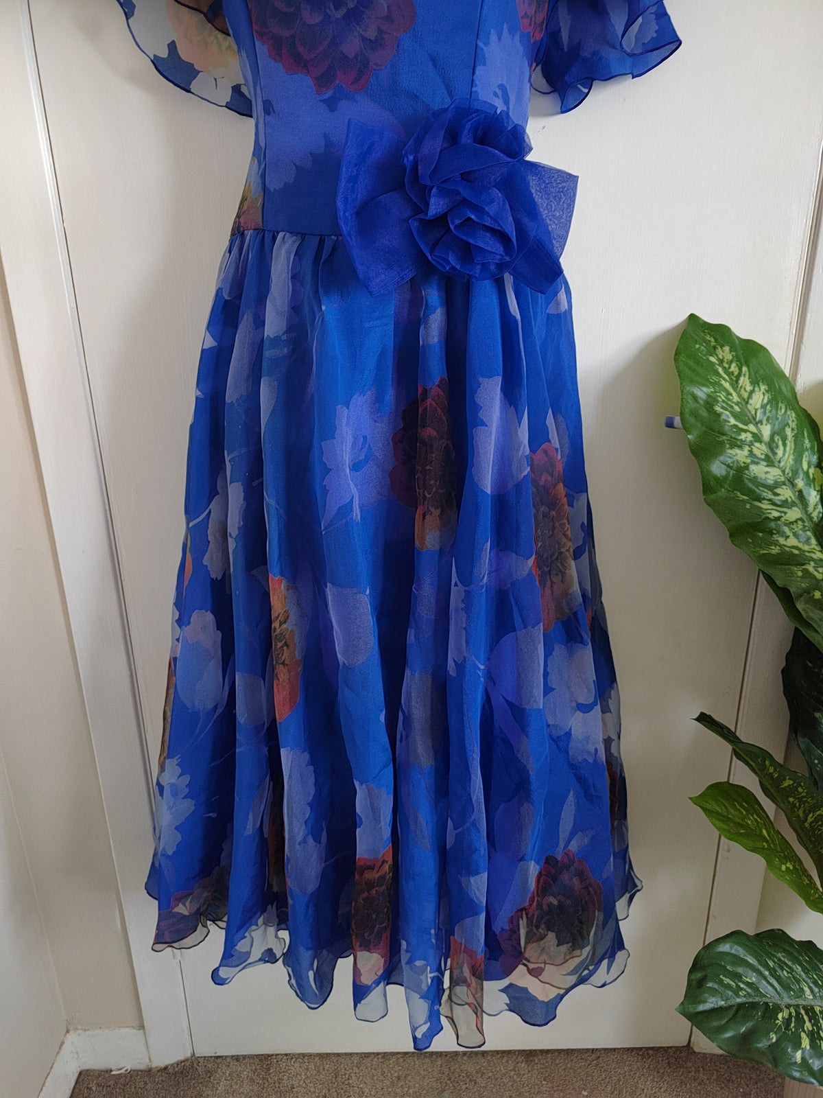 Vintage 1980s Jean Allen London Royal Blue Floral Cocktail Dress - Size Small