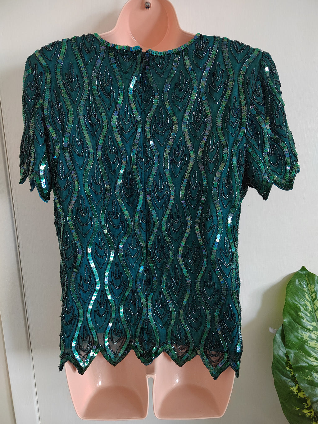 Vintage 80s/90s Emerald Beaded Cocktail Blouse - Size 14