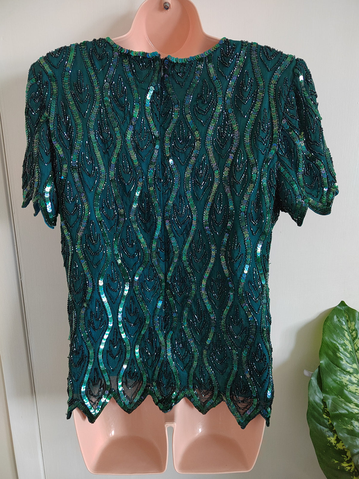 Vintage 80s/90s Emerald Beaded Cocktail Blouse - Size 14